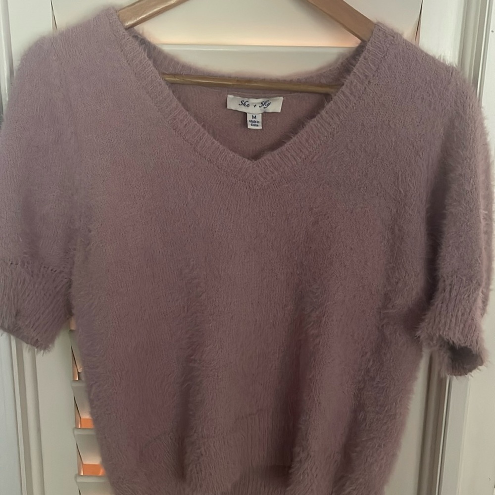 Lilac color, short sleeve, v neck sweater, not thick, size medium